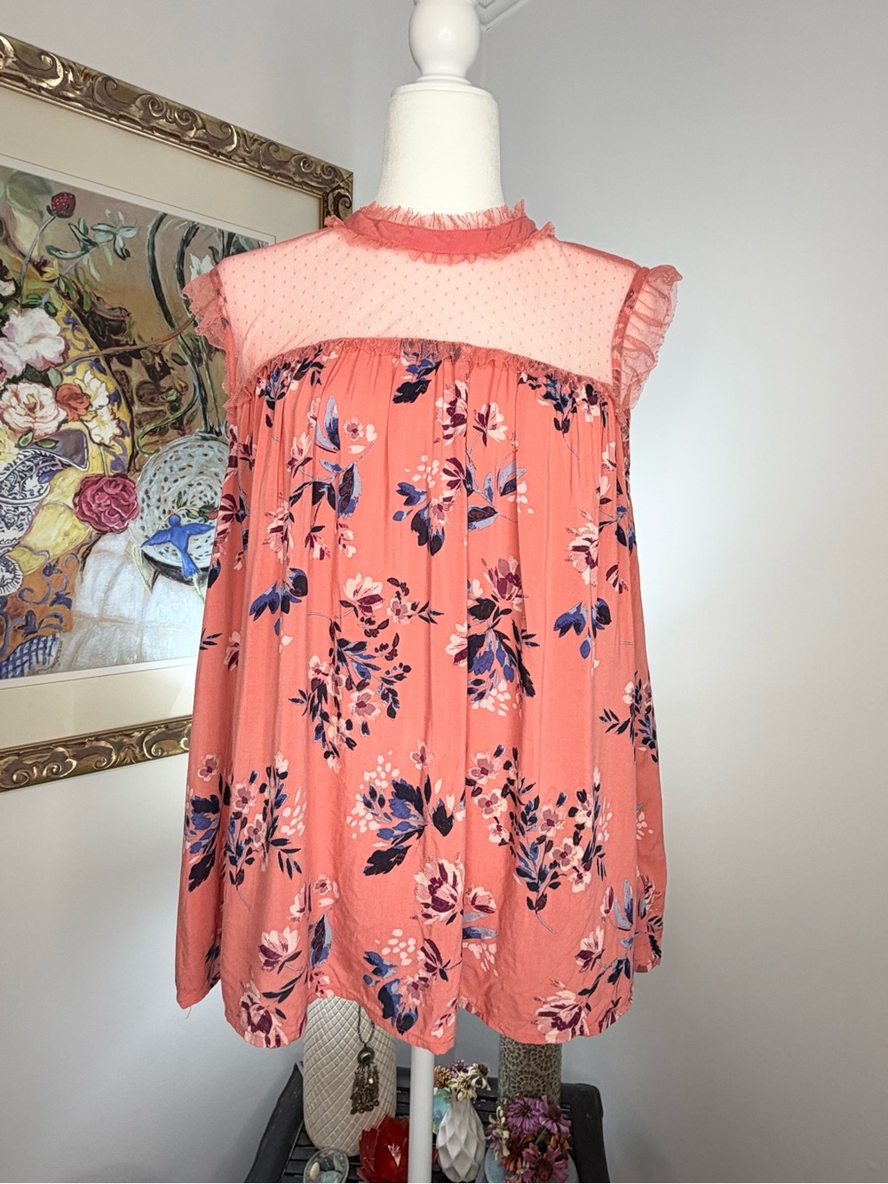Arizona Jean Co XXL Coral Floral Blouse Sheer Mesh Ruffle Boho Cottagecore Top